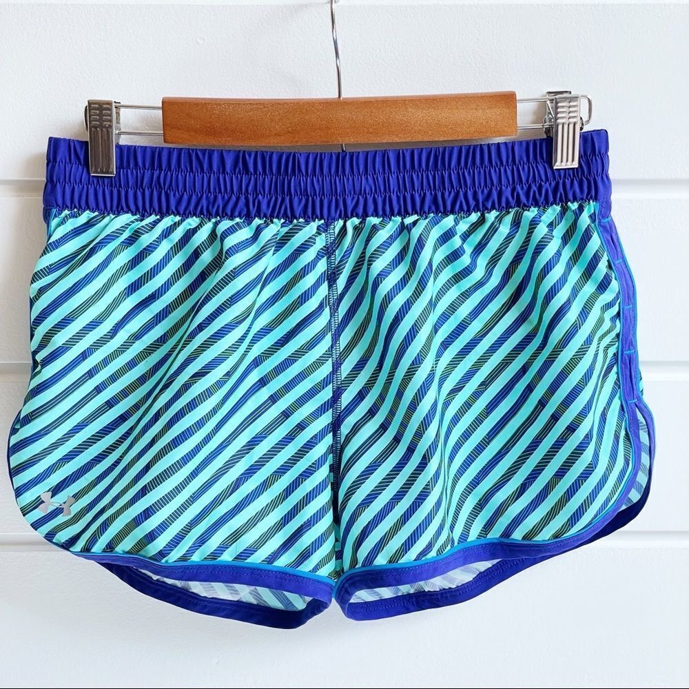Under Armour UA Womens Fly By 2.0 Printed Shorts Striped Purple and Aqua Size S